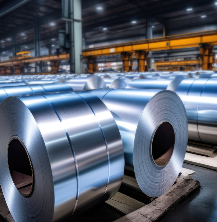 Rows of large, shiny metal coils neatly arranged in a spacious industrial warehouse